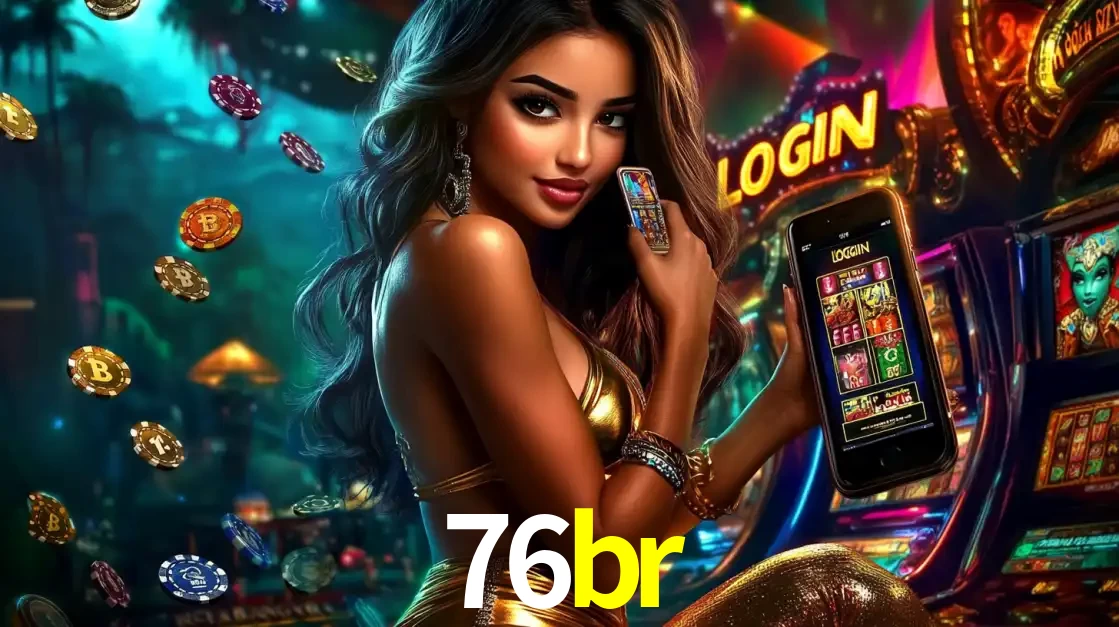 Mulher em um cenário de cassino temático de aventura, mostrando o app de caça-níqueis da 76br no celular. Fichas de apostas flutuam ao redor.