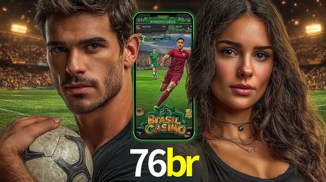 Homem segurando uma bola de futebol e uma mulher ao lado de um smartphone exibindo o jogo de apostas esportivas da 76br. Faça seu palpite no cassino online.